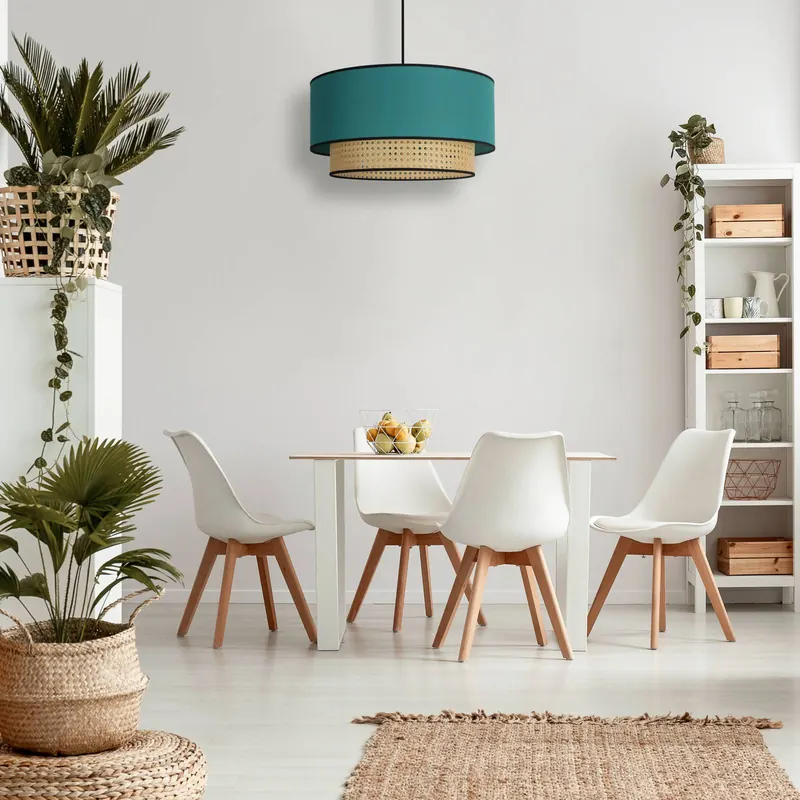 Żyrandol Boho, kolor petrolowy/drewno, średnica 45 cm, tkanina/rattan