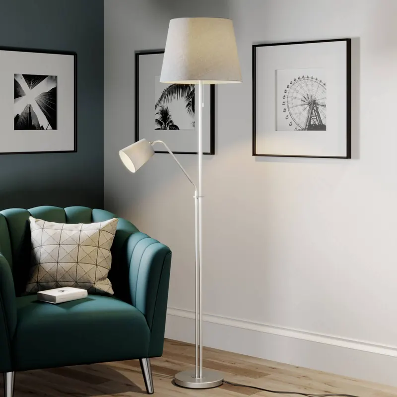 Lampa stojąca Lindby Nantwin, 175 cm, szary, nikiel, tekstylny