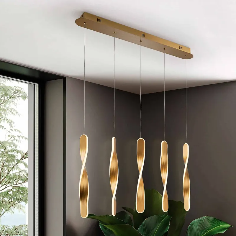 Lampa wisząca LED Twist, 5-punktowa. Aluminium, metal, akryl, kolor złoty