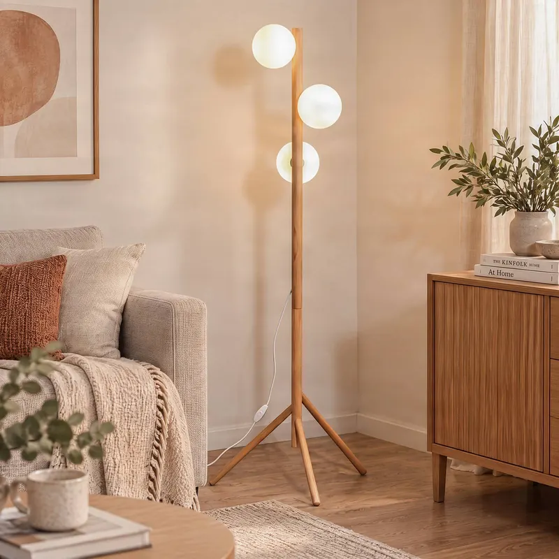 Lampa stojąca Estera, szkło opalowe, drewniana rama, 132 cm, 3-punktowa