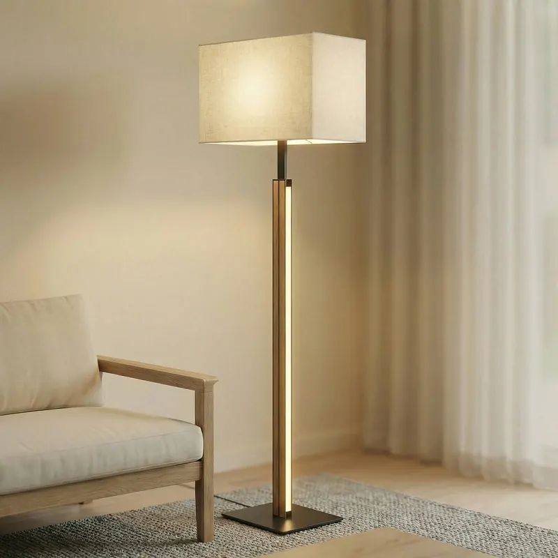 Lampa stojąca LED Quitani Lisene, dąb/czarny/naturalny, 162 cm, ściemniana