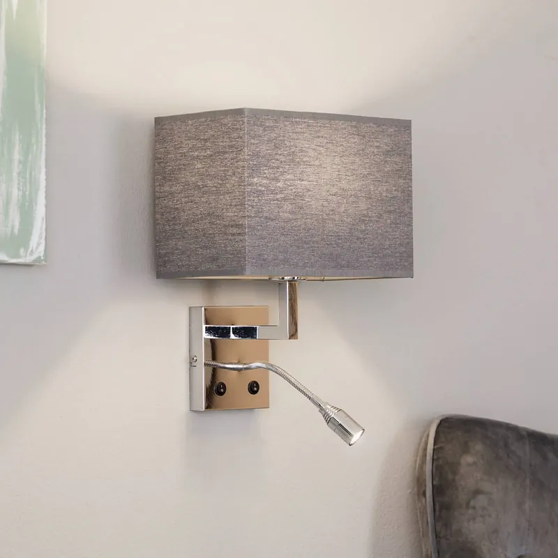 Lampa ścienna Hotel z elastycznym ramieniem i tekstylnym kloszem, szara