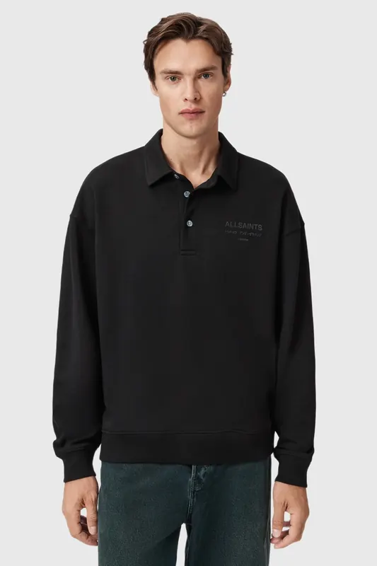 AllSaints Xander Sweat Polo Jet Black Maat: XS | Longsleeves Outlet | Heren | Zwart