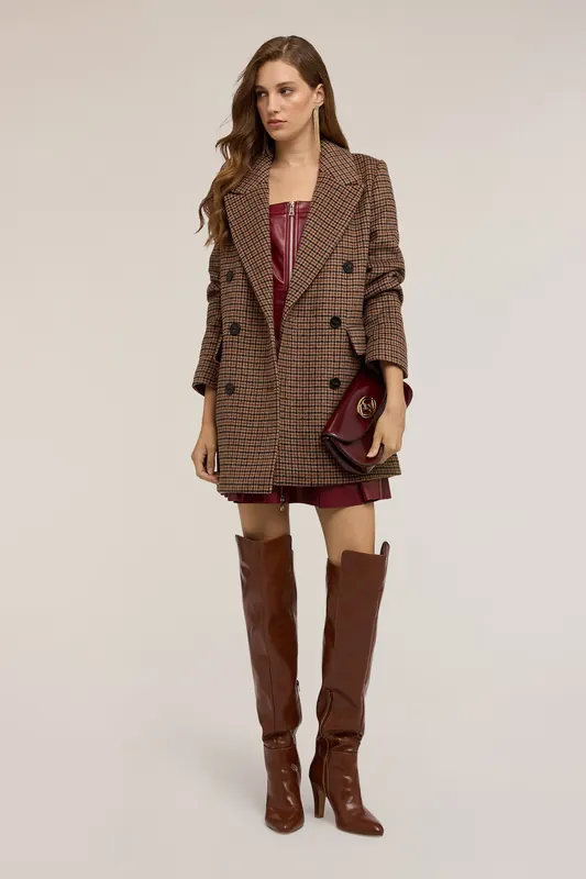 Motivi Slim Fit Coat With Check Pattern Brown Maat: L | Double-Breasted Mantels Outlet | Dames | Bruin