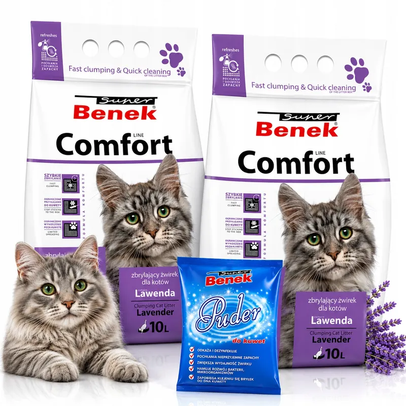 Żwirek dla kota Bentonitowy Benek Comfort Lawenda 20L Zbrylający Lawendowy