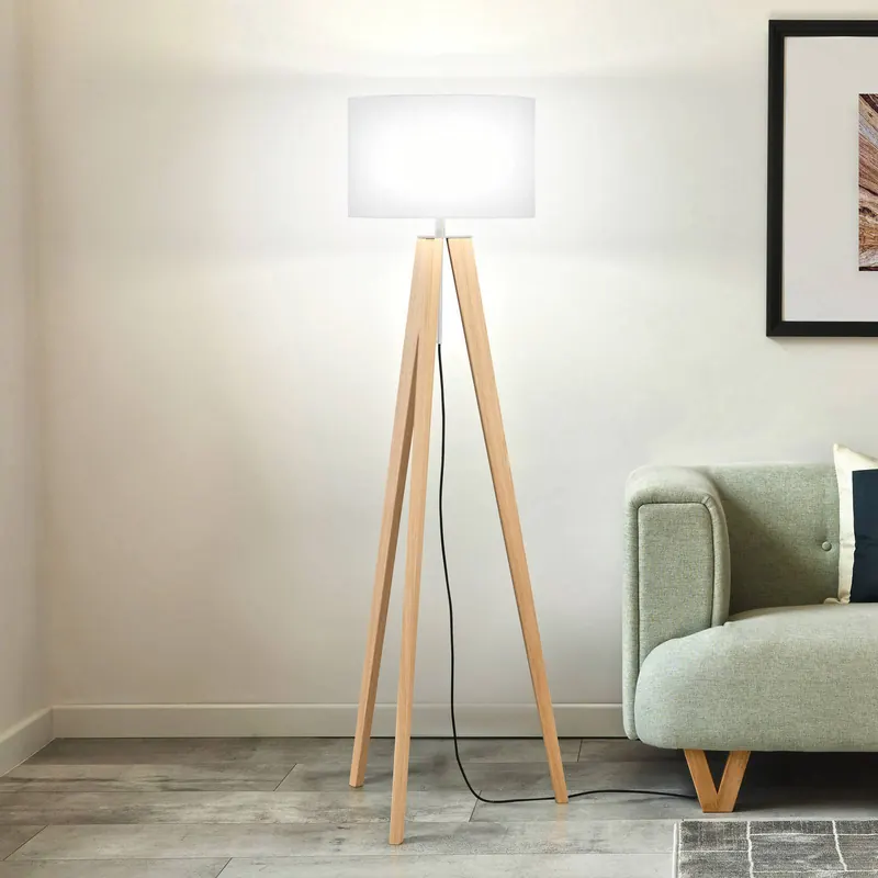Lampa podłogowa SHINE-WOOD, biała/nikiel/dąb, wysokość 164 cm 3 x E27