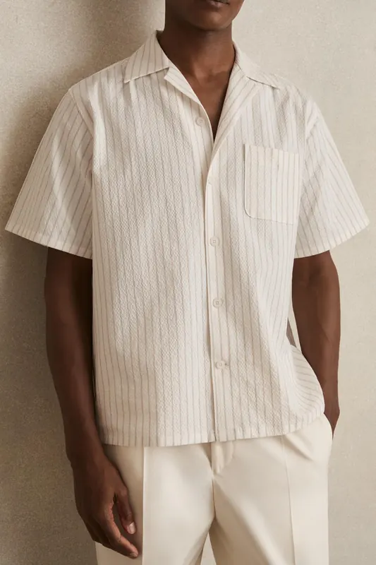 Reiss Ss Seersucker Stripe Cuban Shirt White Taupe Brown Maat: XS | Casual Overhemden Outlet | Heren | Bruin