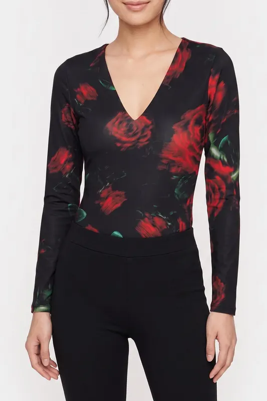 GUESS Ls Vn Bianca Bodysui Blurred Roses Print Maat: S | Longsleeves Outlet | Dames | Zwart
