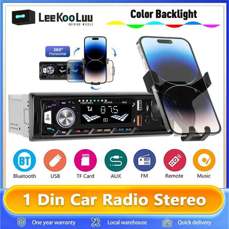 Leekooluu Car 1din Radio Audio Bluetooth Stereo odtwarzacz MP3 odbiornik FM obsługuje do szybkiego ładowania telefonu karty AUX/USB/TF z uchwytem na telefon