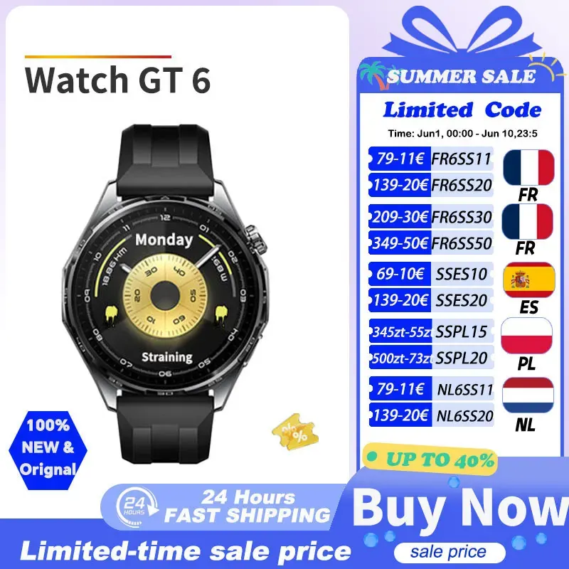 Smartwatch HUAWEI WATCH GT 6 z 2025 roku, ekran AMOLED 1,47”/1,32”, do 21 dni pracy na baterii, pomiar tętna, kompatybilny z NFC, iOS i Android.