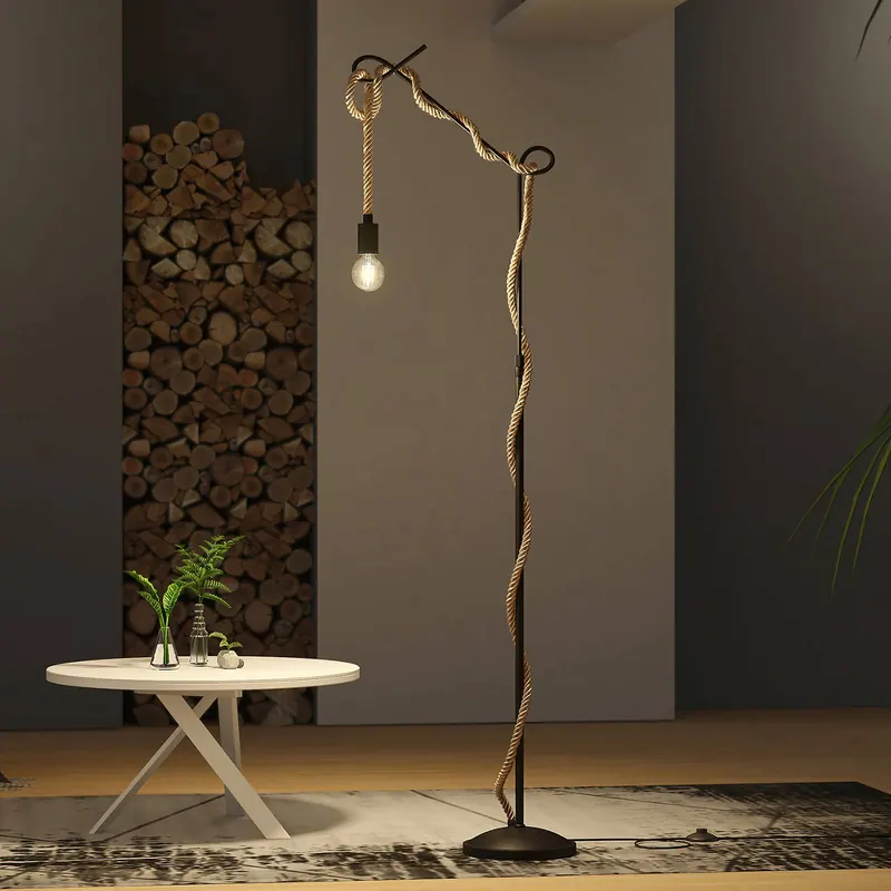 Lampa stojąca Lucande Ropina, wysokość 180 cm, czarny, lina konopna