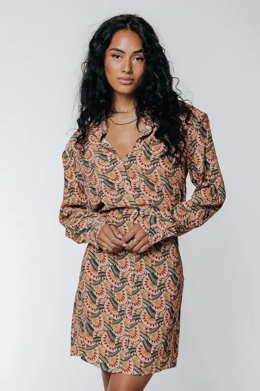 Colourful Rebel Nina Graphic Fan Mini Shirt Dress Vintage Pink Maat: XS | Mini Jurken Outlet | Dames | Roze