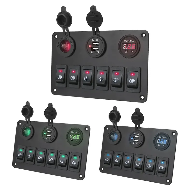 Panel przełączników kołyskowych 6-gangowy do kampera, samochodu, łodzi, z wyłącznikami automatycznymi, woltomierzem LED, portami USB, lampkami ON/OFF, DC 12V/24V