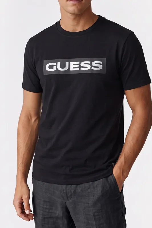 GUESS Ss Bsc Hd Metallic L Jet Black A996 Maat: L | Basic T-Shirts Outlet | Heren | Zwart