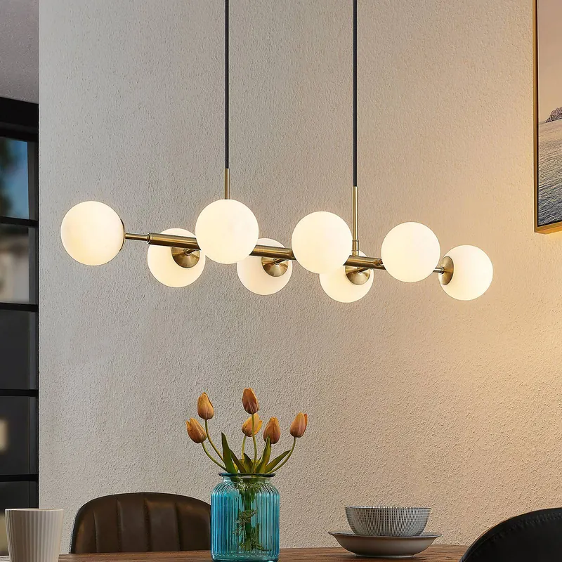 Lampa wisząca Lindby Kiamo, 83 cm, mosiądz, biały, szkło, G9