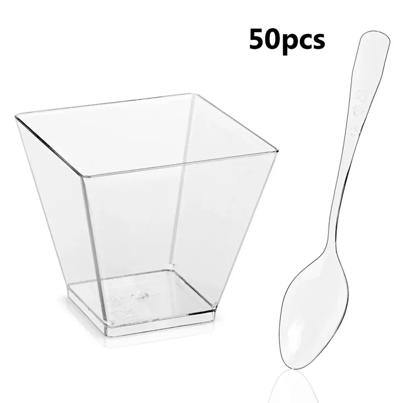 Zestaw miseczek deserowych 60 ml z łyżeczką, kwadratowe mini miseczki deserowe, jednorazowe artykuły, akcesoria wielokrotnego użytku do degustacji budyniu i jogurtu.