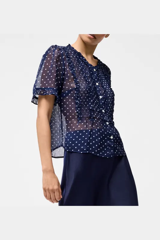 French Connection Polka S/s Ruffle Top Midnight/white Maat: 16 | Blouses Outlet | Dames | Blauw
