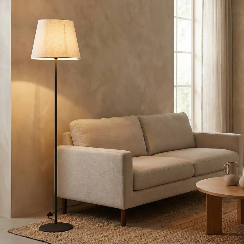 Lampa stojąca Loris, czarna, klosz piaskowy beż