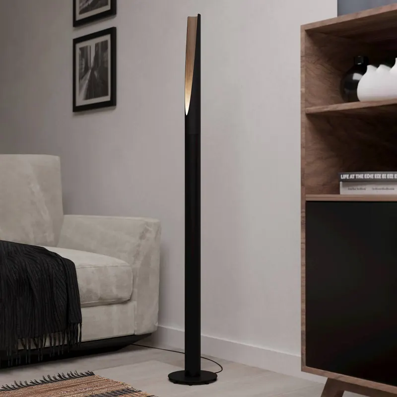 Lampa stojąca LED Barbotto, czarna/wygląd dębu