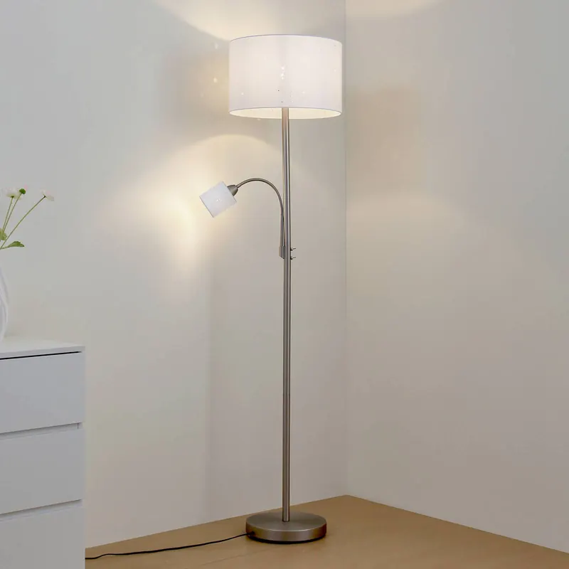 Lampa stojąca Lindby Jaileen, biała, z tkaniny, 171 cm, lampka do czytania