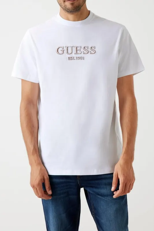 GUESS Cn Ss Embroidery Log Pure White Maat: M | Basic T-Shirts Outlet | Heren | Wit