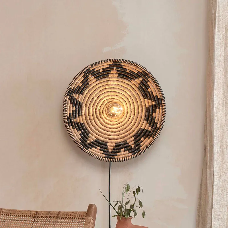 GOOD & MOJO lampa ścienna Andros, czarny/naturalny, z wtyczką, Ø 45 cm