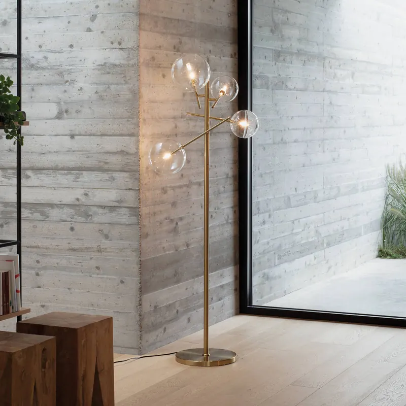 Lampa podłogowa IDEAL LUX Equinoxe, mosiądz/przezroczysta, wysokość 166 cm