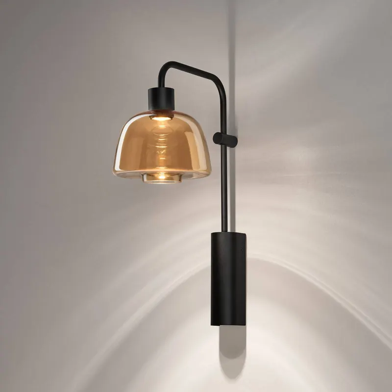 Kinkiet LED Bover Drep A/04, bursztynowy, szkło, czarny, 2700 K