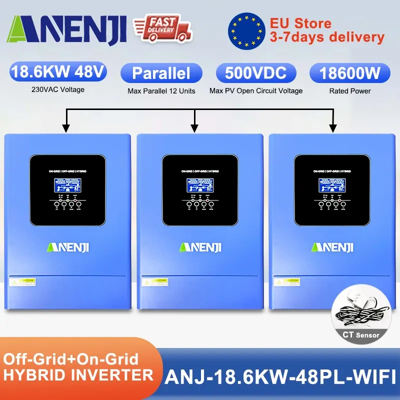 ANENJI 18.6KW Hybrydowy Inwerter Solarny Trójfazowy 48V 220/380VAC Czysta Fala Sinusoidalna Inwerter Równoległy 120A Ładowarka Solarna PV 60-500VDC