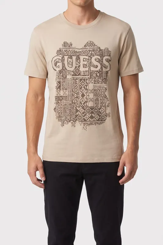 GUESS Ss Cn  Flock Bo Pasadena Stone Maat: XL | Basic T-Shirts Outlet | Heren | Beige