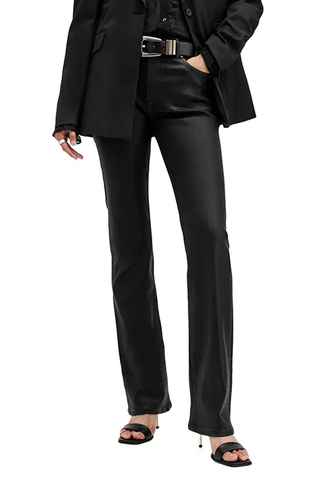 AllSaints Haldan Slim Bootcut Coated Black Maat: W24 | Leren broeken Outlet | Dames | Zwart