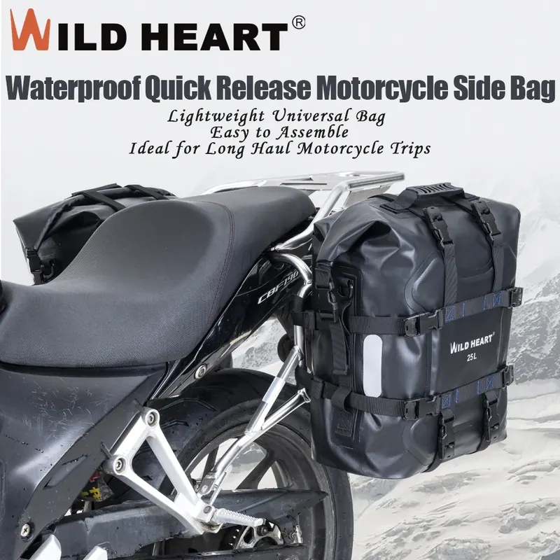 WILD HEART 25L Wodoodporna Torba Motocyklowa Boczna z Szybkim Montażem, Torba na Tylny Bagażnik, Sakwa, Sprzęt Turystyczny