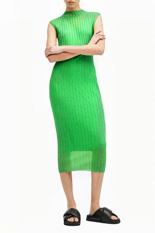 AllSaints Patrice Dress Bright Green Maat: S | Midi Jurken Outlet | Dames | Groen