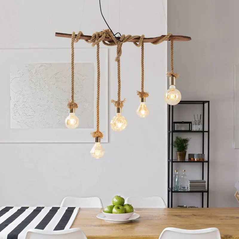 Lampa wisząca Rope, 5-punktowa z drewna i juty
