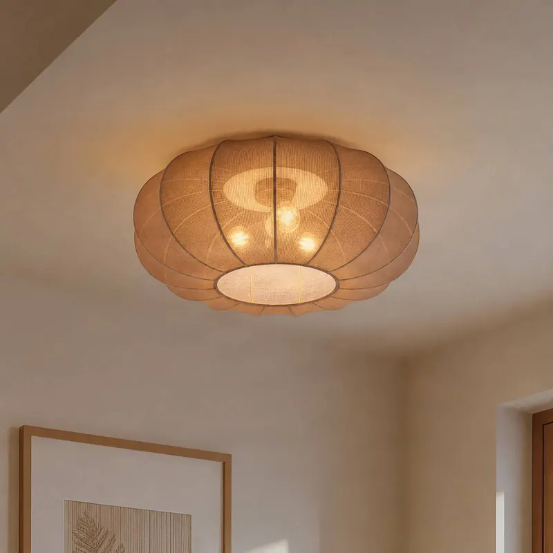Lampa sufitowa Lindby Helin, brązowa, Ø 60 cm, tkanina, 3 x E27