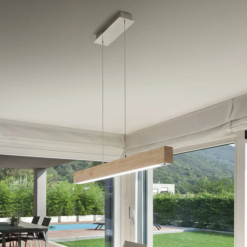 Lampa wisząca Badia LED, ściemniacz dotykowy, drewno dębowe, długość 110 cm