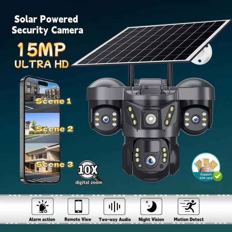 Kamera solarna 15MP 4G LTE zewnętrzna, 3 obiektywy, 3 ekrany, detekcja ruchu PIR, wodoodporna, noktowizor, kamera bezpieczeństwa CCTV, kamera IP