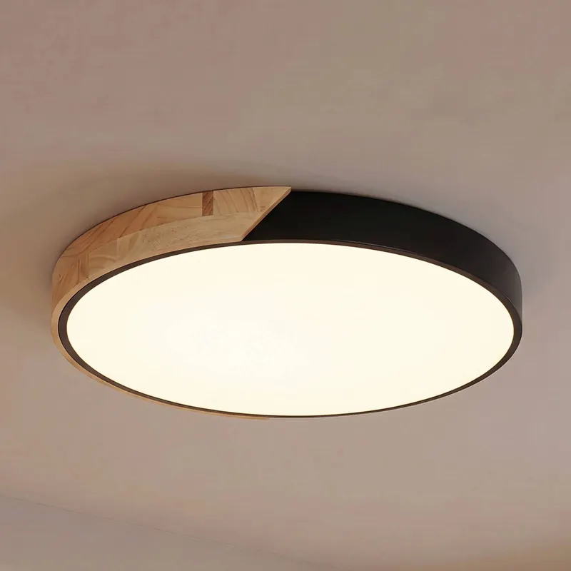 Lampa sufitowa LED PRIOS Lynorri, Ø 52 cm, czarna, wykończenie drewniane