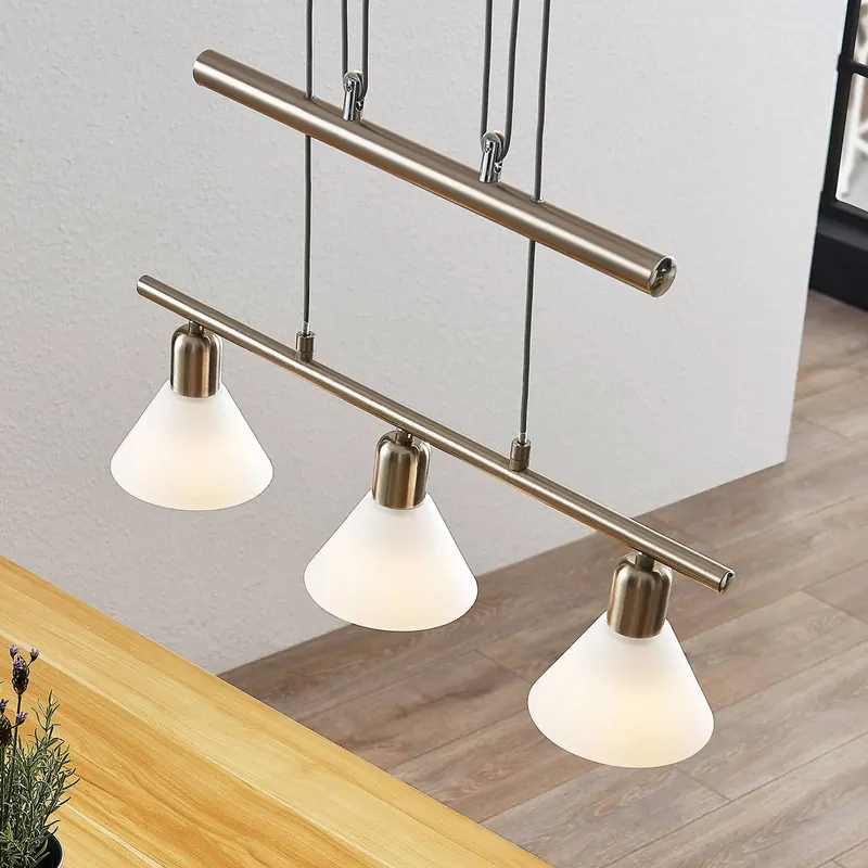 Lampa wisząca Lindby Delira, 3-punktowa, nikiel, regulowana wysokość