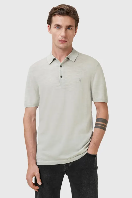 AllSaints Mode Merino Ss Polo Slate Green Maat: L | Poloshirts Outlet | Heren | Groen