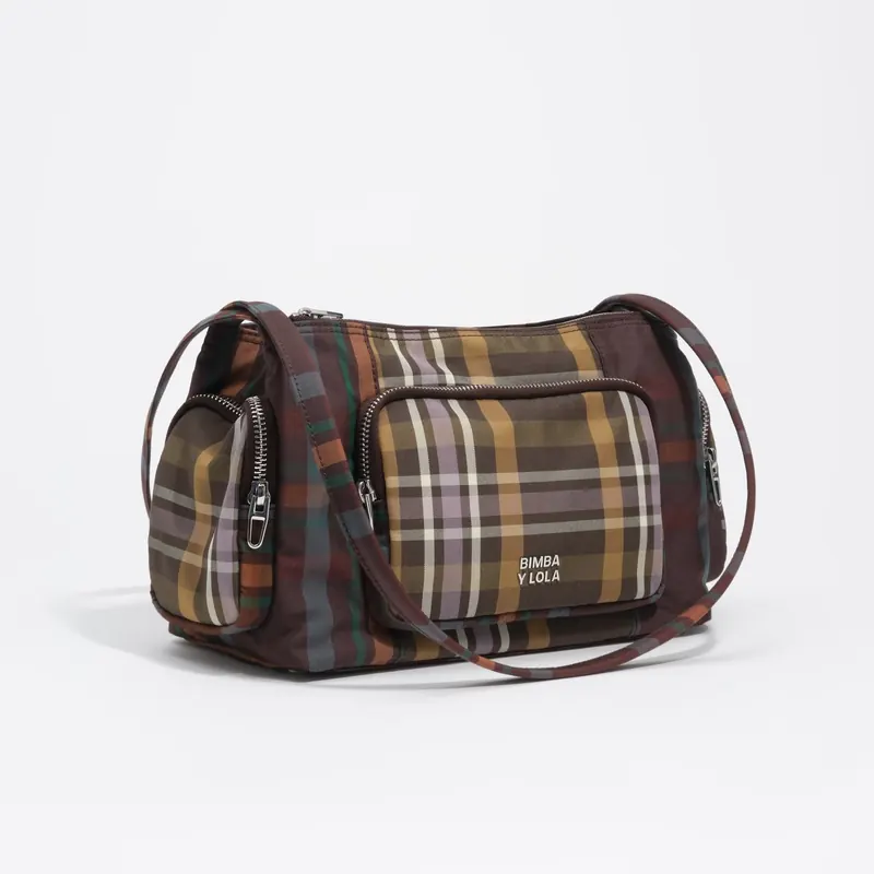Torebka Pocket na ramię duża tartan czekoladowo-zielona