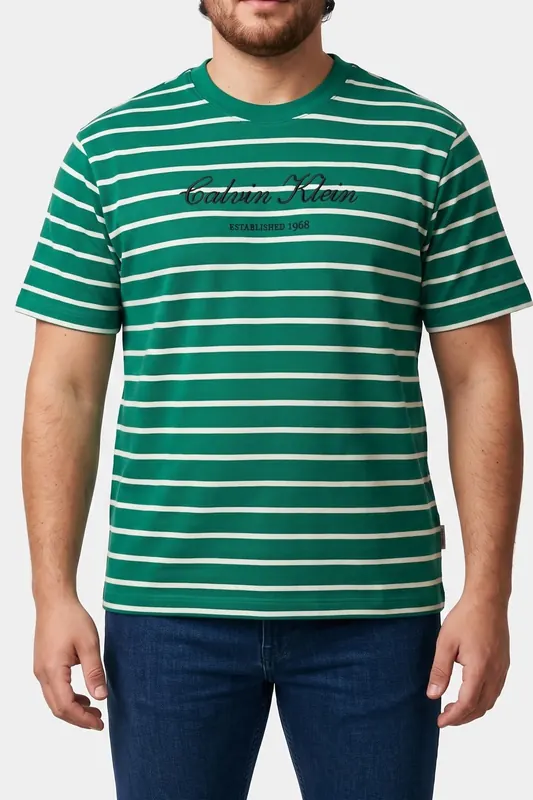 Calvin Klein Ss Stripe Casual Pique Tee Enchanted Forest Maat: M | T-shirts met Print Outlet | Heren | Groen