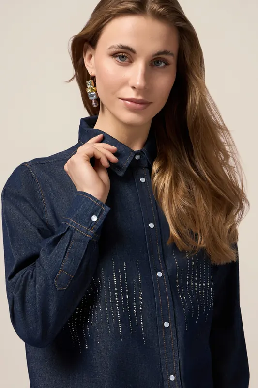 Oltre Denim Shirt With Micro Crystals Blue Maat: 36 | Overhemden Outlet | Dames | Blauw