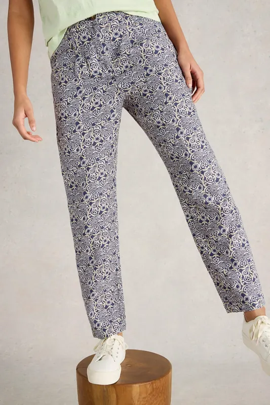 White Stuff Rowena Linen Trouser Navy Print Maat: 24 REGULAR | Broeken Outlet | Dames | Blauw