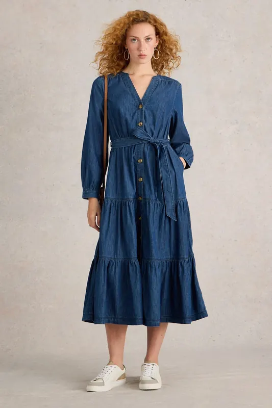 White Stuff Mina Tiered Denim Dress Mid Denim Maat: 12 REGULAR | Blousejurken Outlet | Dames | Blauw