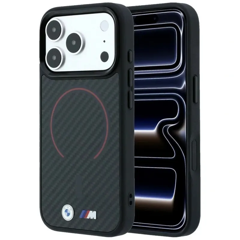 Etui Bmw M Kevlar Red Print Ring Metal MagSafe iPhone 18 Pro Max czarny