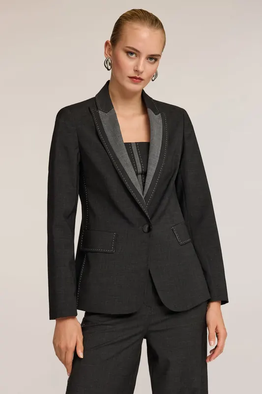 Motivi Mixed Wool Canvas Blazer With Topstitching Grey Maat: 42 | Blazers Outlet | Dames | Grijs
