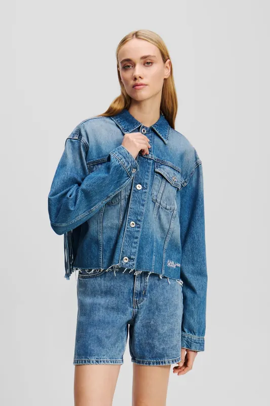 Karl Lagerfeld Relaxed Fringed Denim Jkt Stone Washed Mid Blue Maat: S | Spijkerjassen Outlet | Dames | Blauw