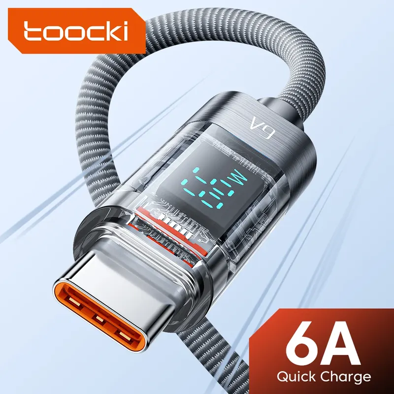 Toocki 6A Kabel USB do typu C PD 66W Przezroczysty wyświetlacz cyfrowy Szybkie ładowanie dla Huawei Mate50 Samsung Xiaomi Przewód danych USB C
