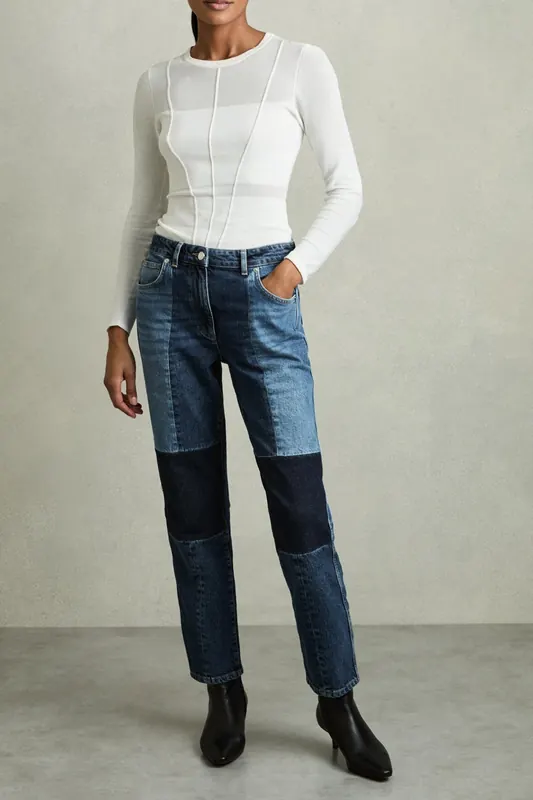 Reiss Patch Straight Leg Jean Mid Blue Maat: W24L | Straight Broeken Outlet | Dames | Blauw